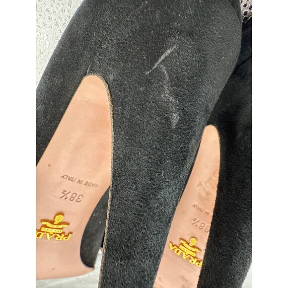 Prada Rosette Peep Toe Black Suede High Heel Pumps Size 38.5 - Picture 9 of 9